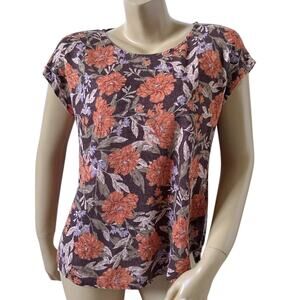 HAUTE HIPPIE Womens Size Large Short Sleeve Floral Print 100% Linen Shirt Top